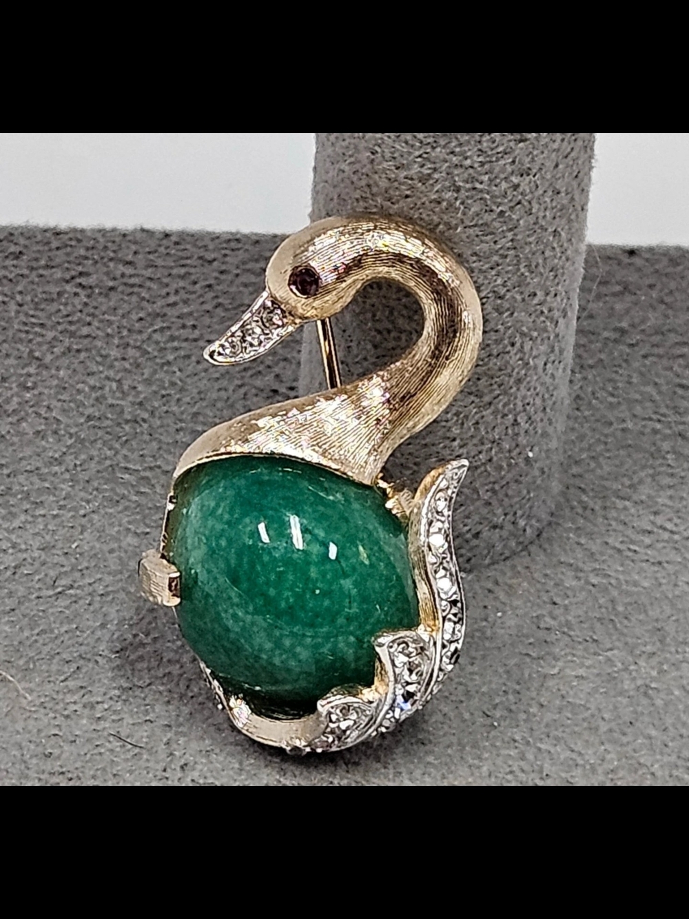 Gold Swan Brooch with Green Stone and Crystal Accents
